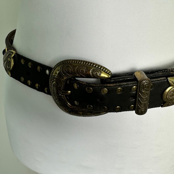 USMECO Paris Western Studded Leather and Metal Mesh Belt Gold‎ Tone Buckle Black